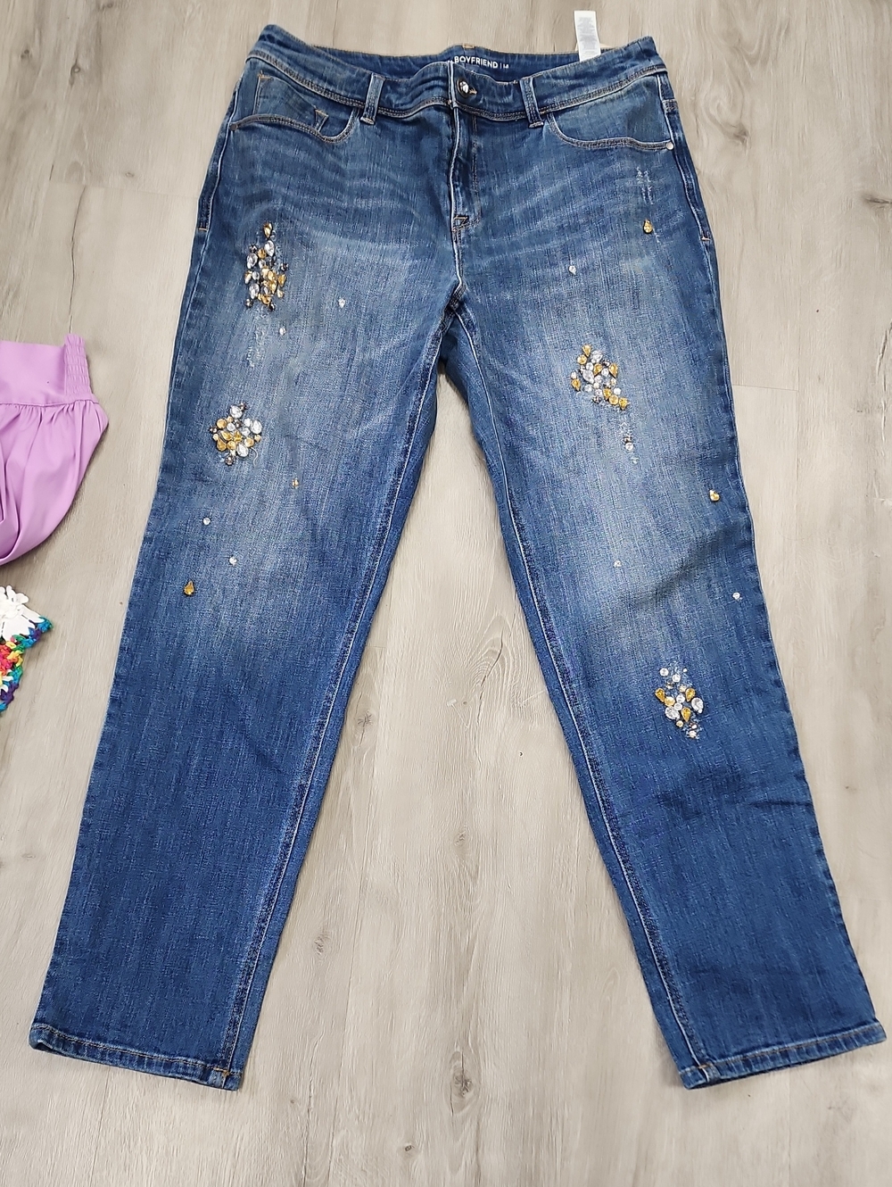 Chico's Blue Boyfriend Jeans with Gold & Silver Embellishments